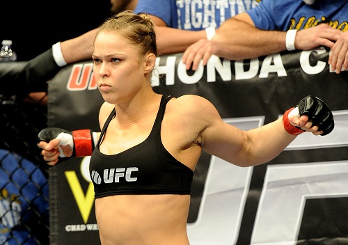 Feb 23, 2013; Anaheim, CA, USA; Ronda Rousey gets ready for her UFC women's world bantamweight championship bout against Liz Carmouche at the Honda Center. Rousey won in the first round. Mandatory Credit: Jayne Kamin-Oncea-USA TODAY Sports